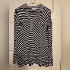 Liz Claiborne Blue White Striped V Neck Knit Top Shirt Button Sleeve Size L